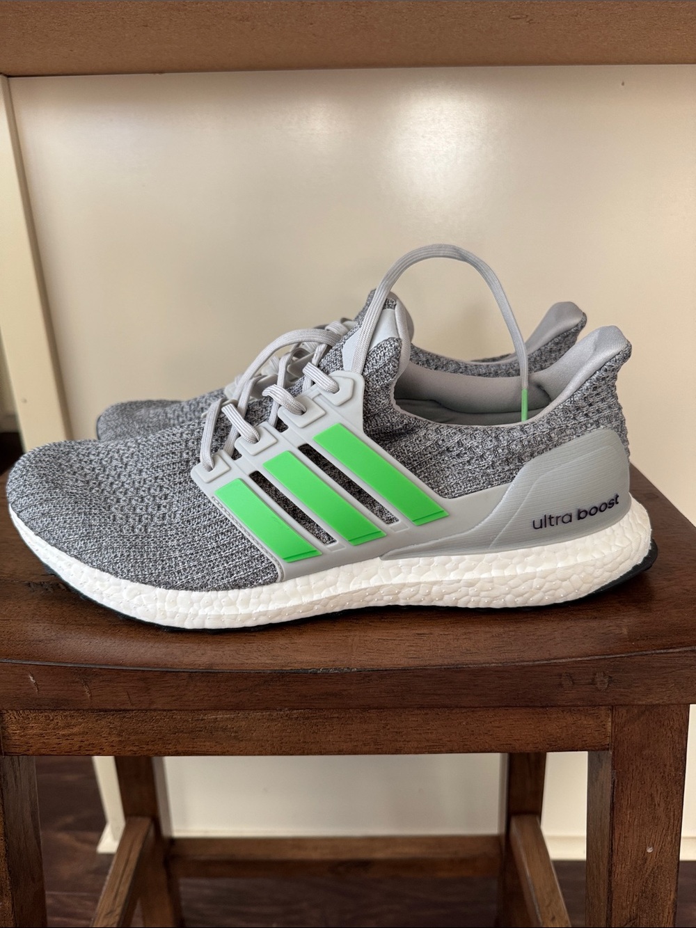 adidas Ultra Boost Grey Knit Sneakers with Neon Green Stripes